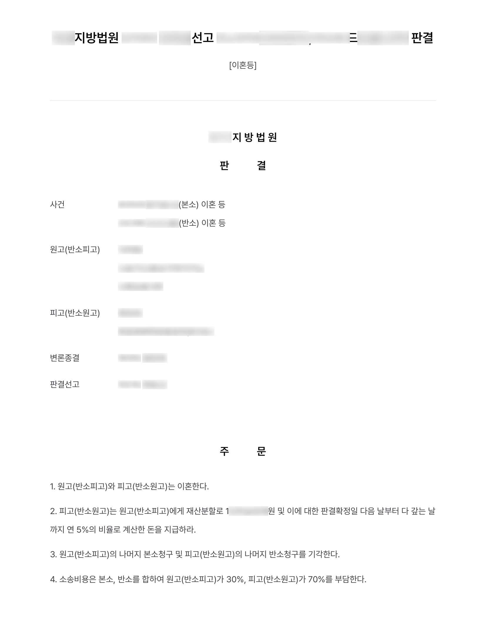 장기 별거 끝의 이혼 소송, 상대방의 위자료 반소와 특유재산 주장을 물리치고 재산분할 1억 원 넘게 인정 결과 문서(개인정보 가림)
