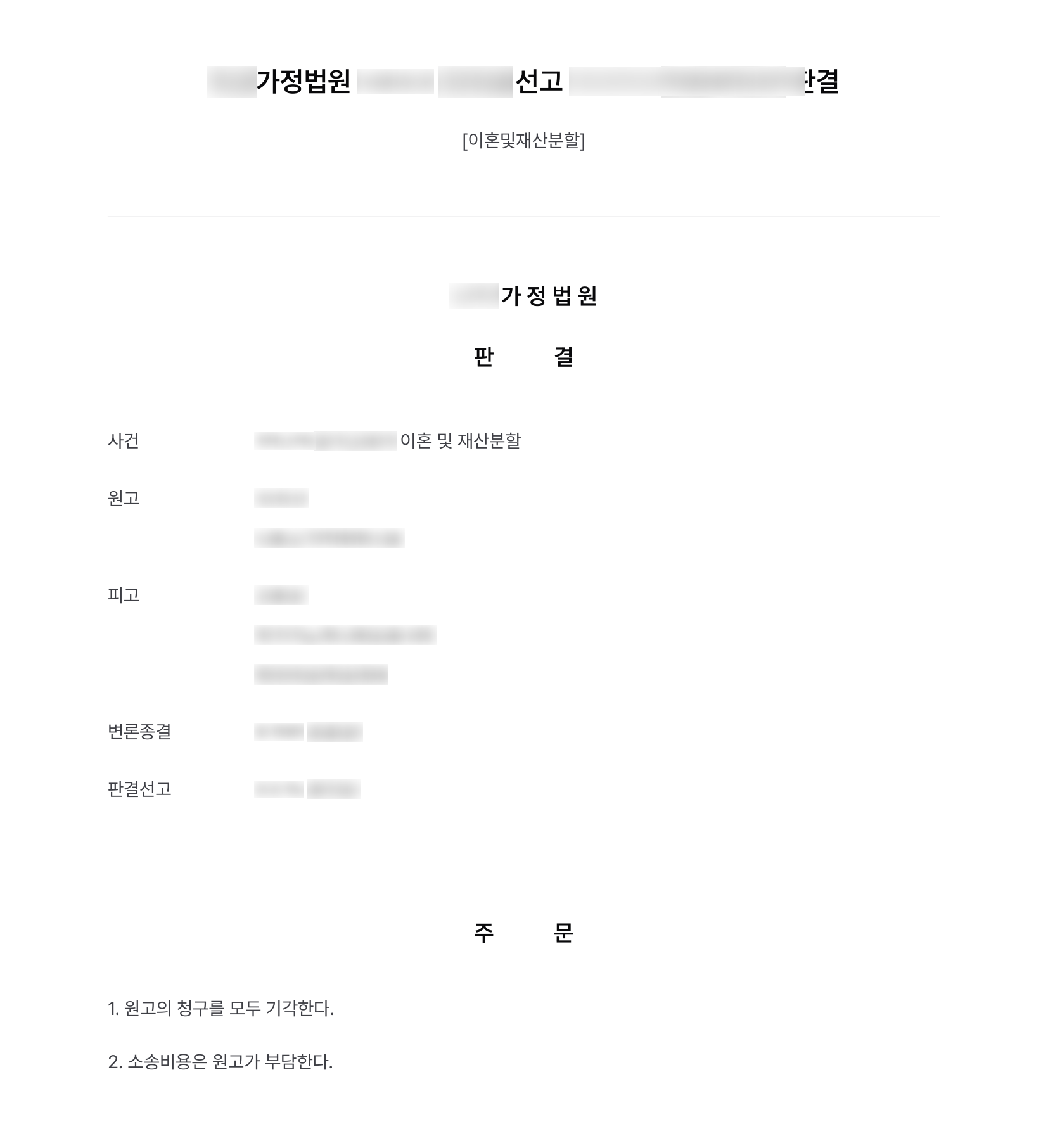 폭언·폭행을 이유로 한 배우자의 이혼·위자료·재산분할 청구, 이혼사유 없다며 전부 기각 결과 문서(개인정보 가림)